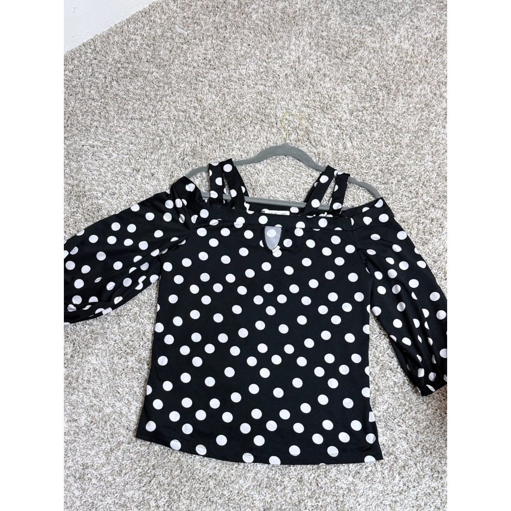 Perseption Concept Polka Dot Top Womens M Black Polyester Cold Shoulder Blouse M